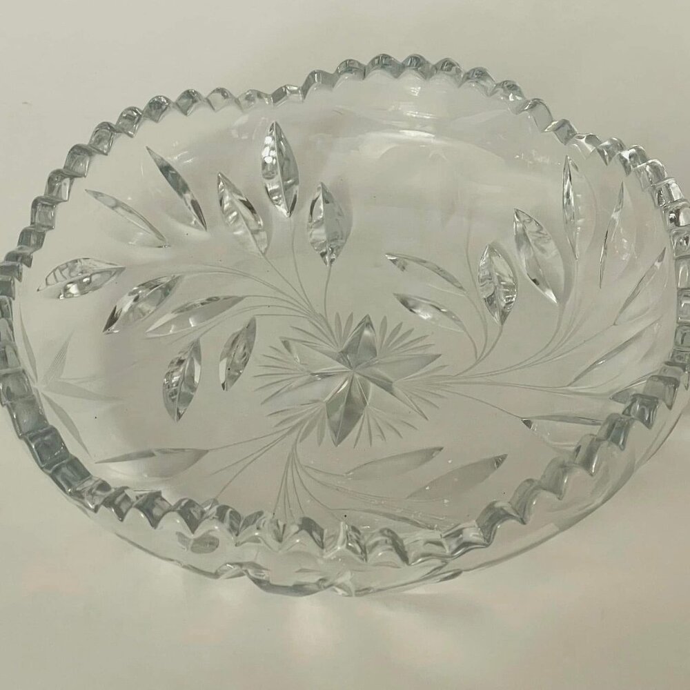 Candy/Trinket Dish Etched clear glass~ Vintage American brillant era clear cut